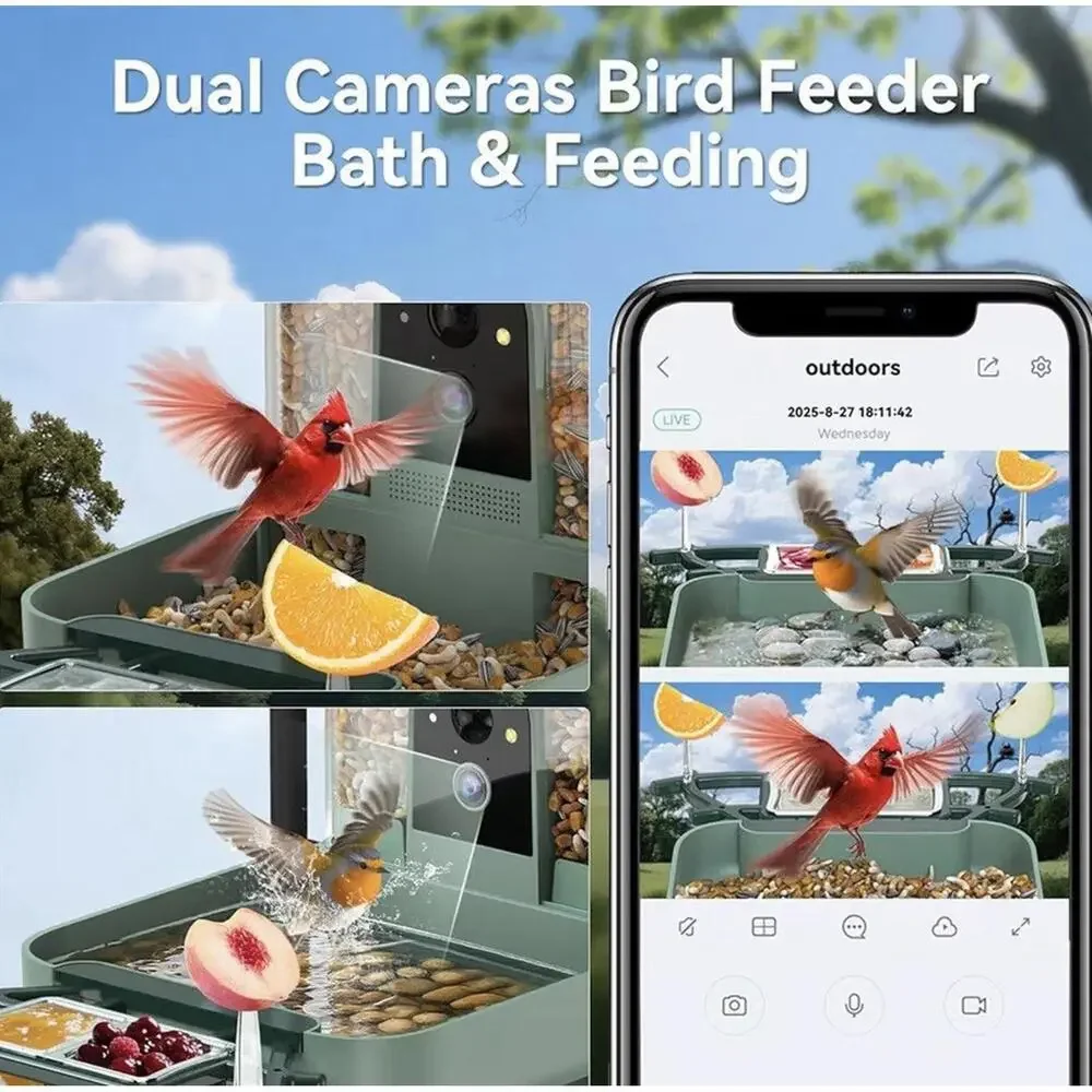 KUIKEO Bird Feeder with Camera WiFi Dual Lens HD Video Bird Bath NEW